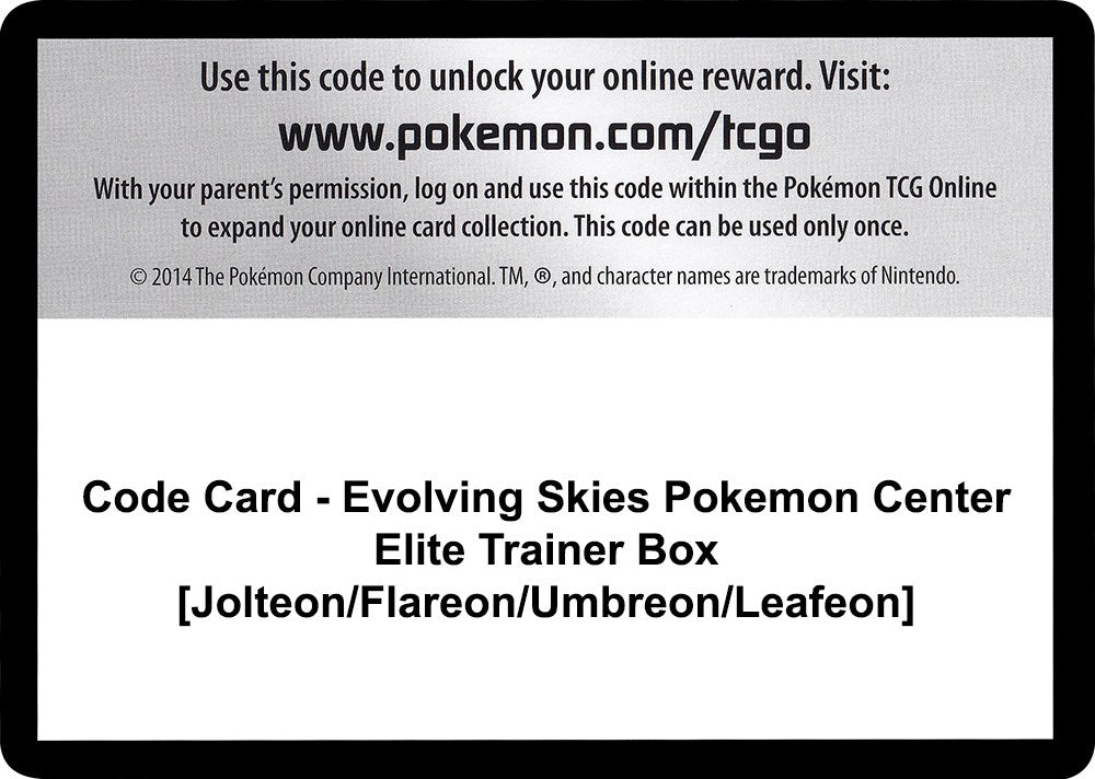 Image for Code Card - Evolving Skies Pokemon Center Elite Trainer Box [Jolteon/Flareon/Umbreon/Leafeon] - Pokemon
