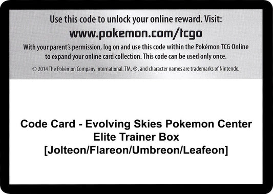 Image for Code Card - Evolving Skies Pokemon Center Elite Trainer Box [Jolteon/Flareon/Umbreon/Leafeon] - Pokemon