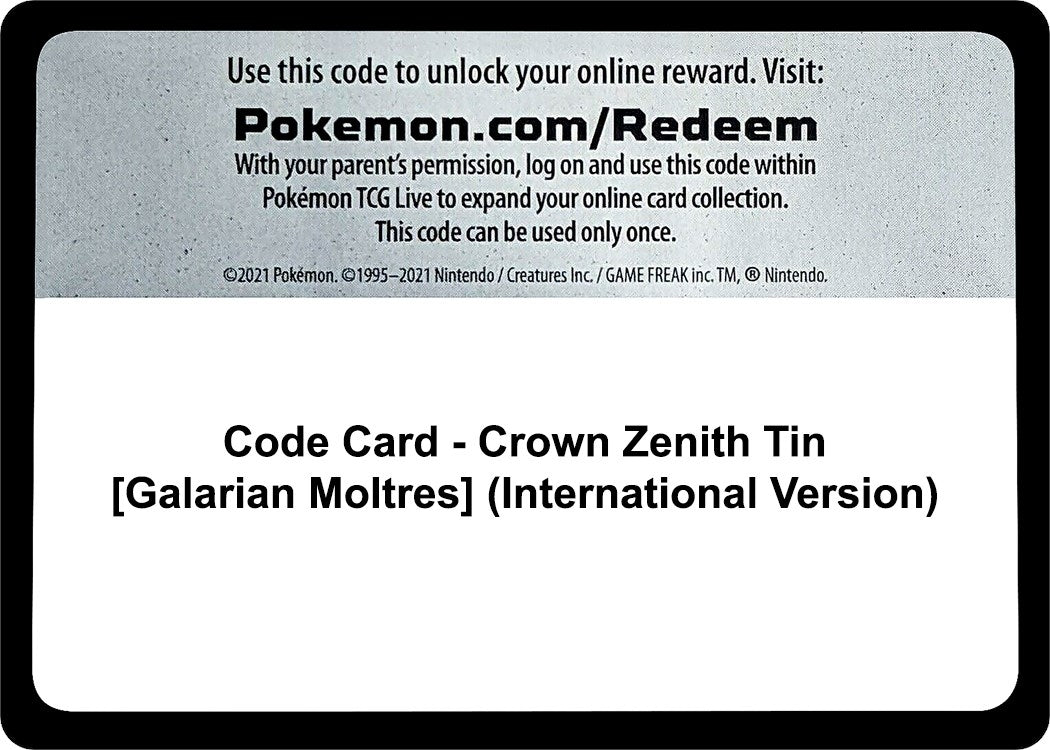 Image for Code Card - Crown Zenith Tin [Galarian Moltres] (International Version) - Pokemon