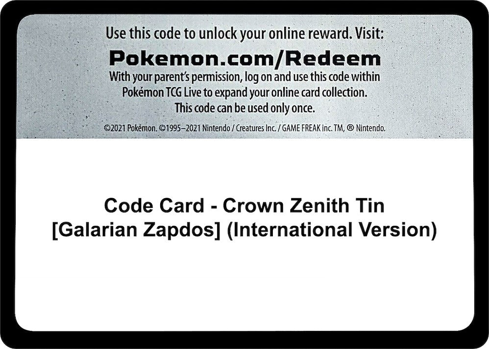 Image for Code Card - Crown Zenith Tin [Galarian Zapdos] (International Version) - Pokemon