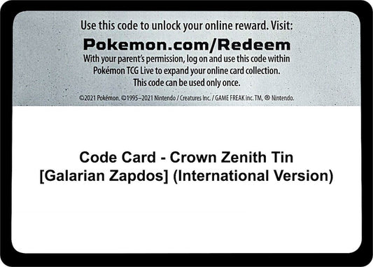 Image for Code Card - Crown Zenith Tin [Galarian Zapdos] (International Version) - Pokemon
